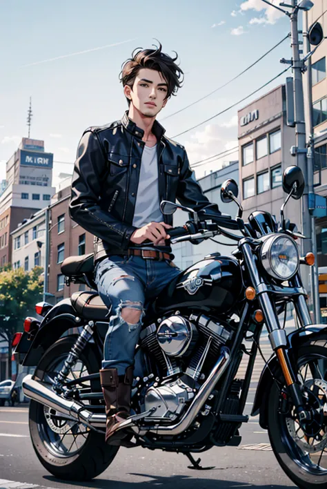 man, wearing jacket, wearing jeans, wearing leather boots, riding a motorcycle, background is city street