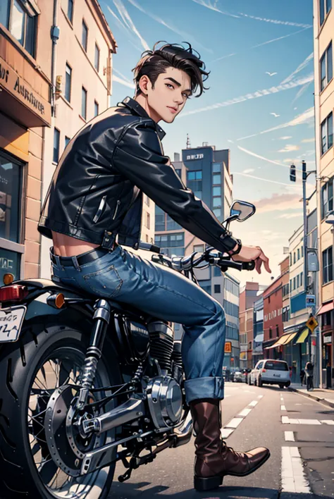 man, wearing jacket, wearing jeans, wearing leather boots, riding a motorcycle, background is city street