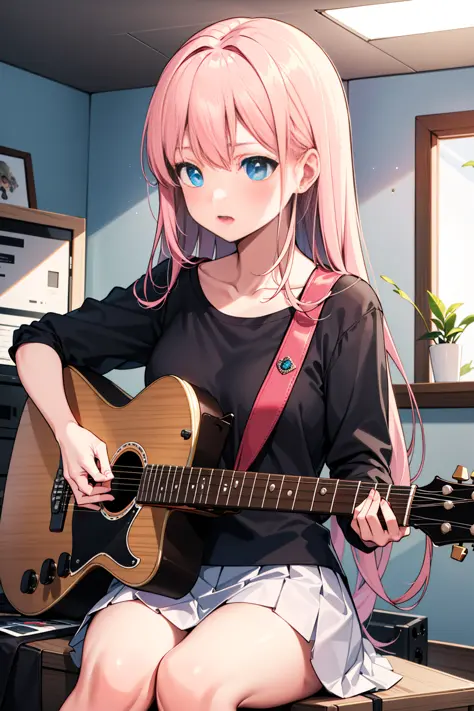 ((masterpiece,best quality))1girl, solo, black shirt, white skirt, blue eyes, long pink hair, playing guitar, pleated skirt, ind...