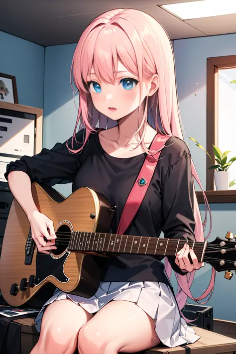 ((masterpiece,best quality))1girl, solo, black shirt, white skirt, blue eyes, long pink hair, playing guitar, pleated skirt, indoors