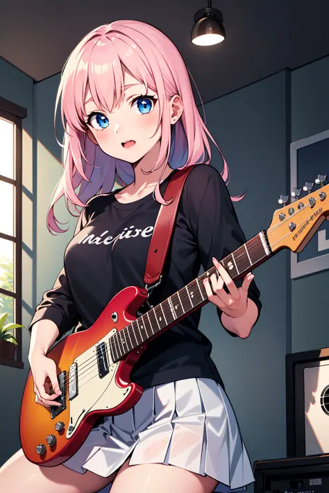 ((masterpiece,best quality))1girl, solo, black shirt, white skirt, blue eyes, long pink hair, playing guitar, pleated skirt, ind...