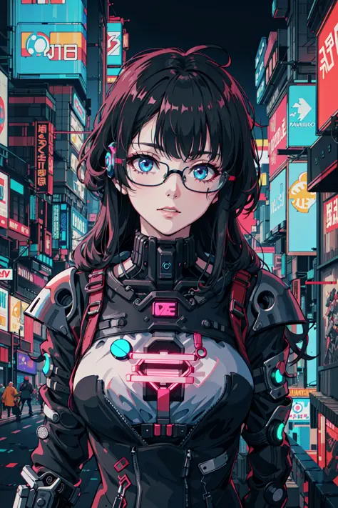 1girl, close-up, intricate details, (cyberpunk:1.4), mechanical arms, eyeglasses, messy hair, (glowing neon armor:1.2), machinery, black background