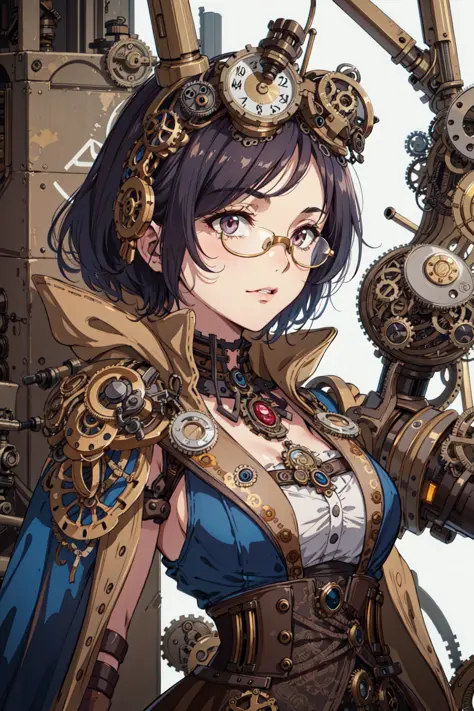 1girl, close-up, intricate details, (steampunk:1.4), mechanical arms, eyeglasses, messy hair, goggles on head, victorian dress, ...