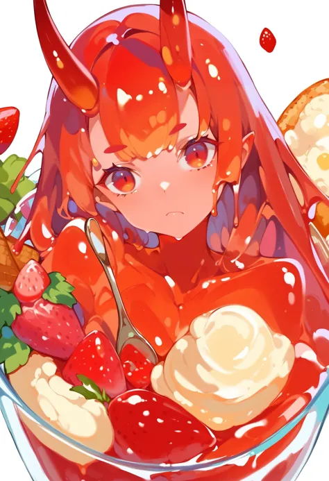 score_9, score_8_up, score_7_up, score_6_up, source anime,
slime girl, red skin, 1girl, in container, strawberry, parfait, straw...