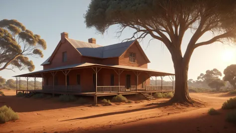 [An Australian outback homestead, its veranda offering shade from the relentless sun, surrounded by red dirt and eucalyptus tree...