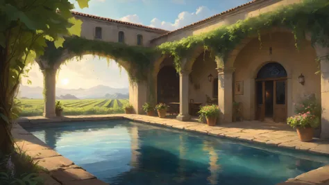 painting of a pool in a courtyard with a view of a vineyard