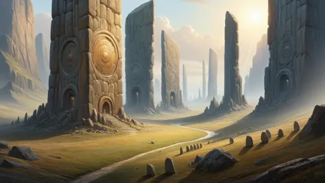 photorealistic detailed digital illustration of a circle of mad-vangoghian standing stones,  Biomechanical structures towering l...