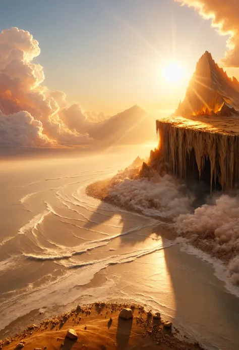 a view of a mountain with a beach and a body of water