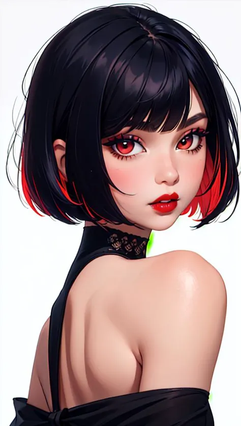 1girl, solo, upper body, looking at viewer, white background, bob cut, short hair, multicolored hair, makeup, parted lips, red lips, eyeliner,