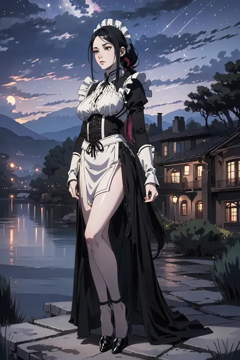 anime girl in a long dress standing on a stone walkway