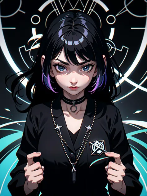 anime girl with purple hair and black shirt with a black necklace