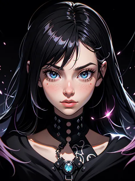 anime girl with black hair and blue eyes in a black dress