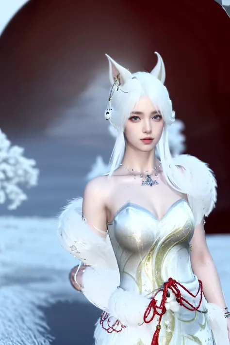 araffe dressed in a white dress with a cat ears and a red bow