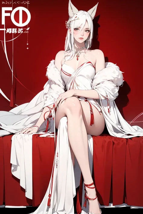 a close up of a woman in a white dress sitting on a red bed