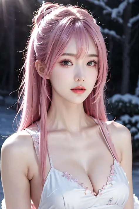 face lighting,bright backlight,medium breasts,super high resolution,best quality,Photos,4k,(Realistic:1.2),1girl,Pink hair,(Snow:1.2),Half-body phase,<lora:girl_20230530180912:0.8>,