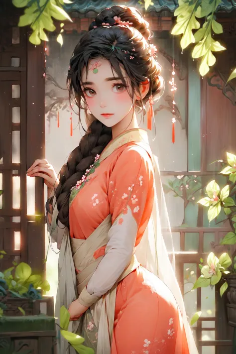 <lora:C_hanfu:1>, -Eyebrows are like willow leaves in early spring, often containing rain and hatred; face islike peach blossoms in March, hiding the moonlight. The slender waist is graceful, and therestrained swallows are lazy: The jade appearance is ench...