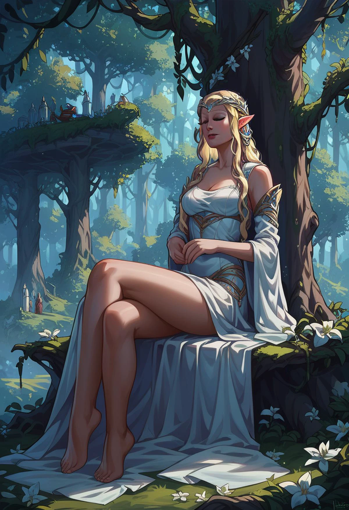 score_9,score_8_up,score_7_up,score_6_up,score_5_up,score_4_up 1girl  galadriel, elf, long hair, blonde hair, tiara, forest, lothlorien scenery, fantasy, solo, relaxing, sitting on white chair