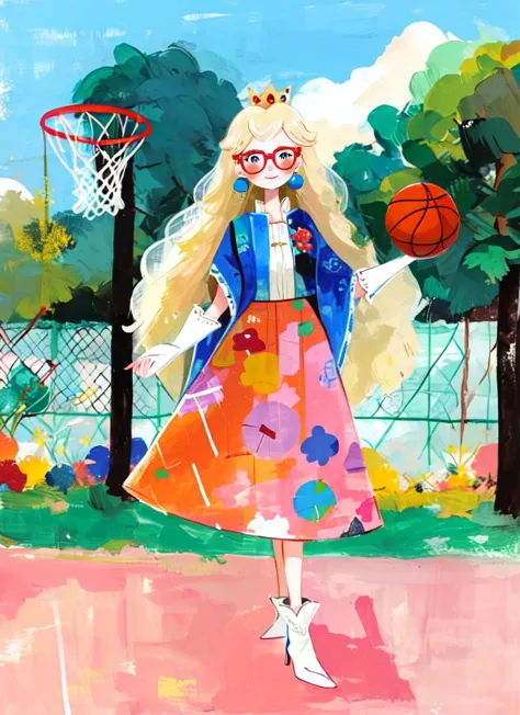 painting of a girl with glasses and a dress holding a basketball