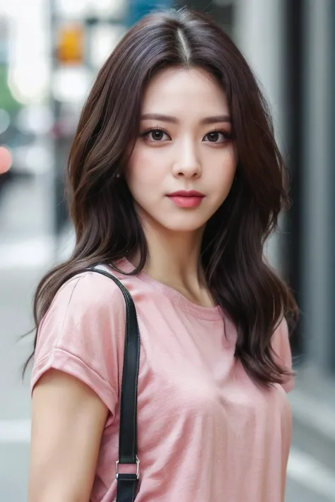 a woman, (realistic), (hyperrealism), (photorealistic), depth of field, eye makeup:0.5, (upper body:1.2), (narrow waist:0.7), looking at the viewer, casual outfit, at the city streets, <lora:httpyuna:0.45>