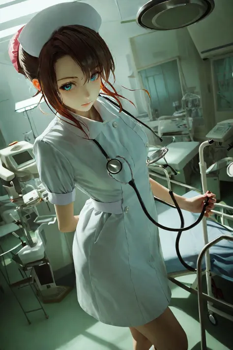 1girl,  natural lighting
hospital, operating room, 
(((White))) nurse uniform smooth, nurse, nurse hat, stethoscope, 
aerith_gai...