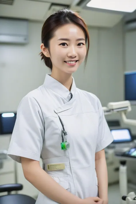 Inside a modern operating room, a young Taiwanese nurse wears white nurse uniform. Gentle smile, DSLR, focused, full body, side ...
