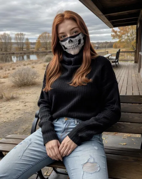 masterpiece, best quality, redhead woman wearing a skull mask, long hair, black sweater and jeans, sitting on a bench, intricate detail, atmospheric, dramatic