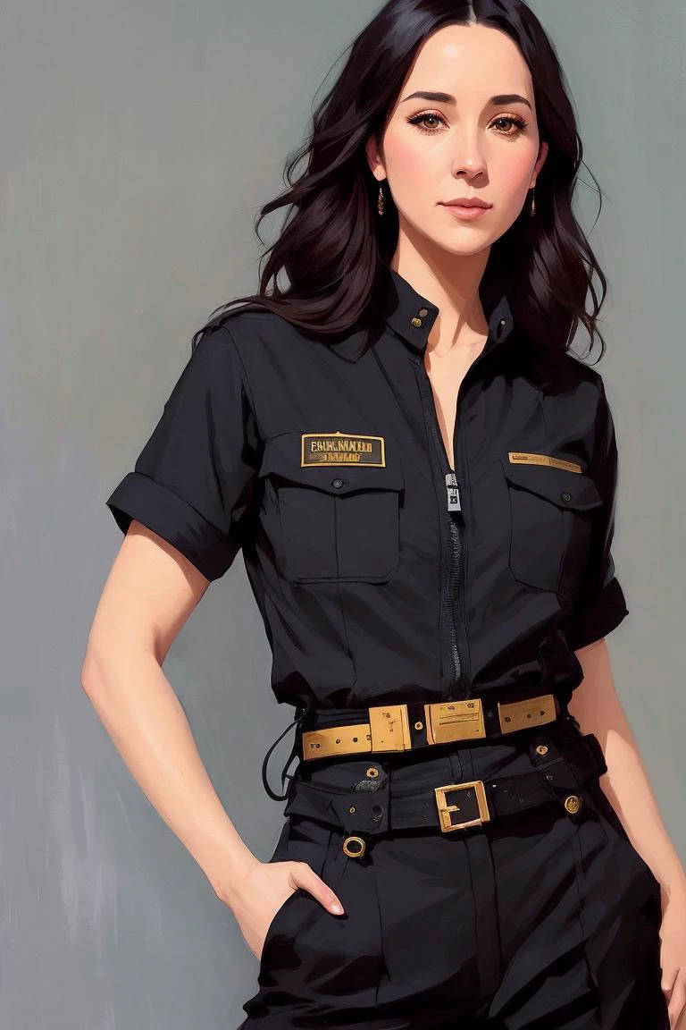 photo of (Shannon Woodward:0.99), a woman wearing a black jumpsuit, with gold, with a silver accents, with a red utility belt, art by CFStyle