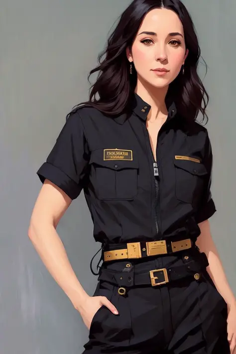 photo of (Shannon Woodward:0.99), a woman wearing a black jumpsuit, with gold, with a silver accents, with a red utility belt, a...