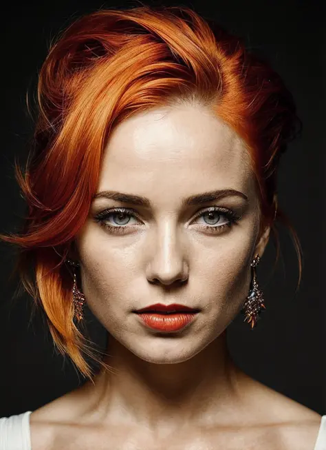 portrait of sks woman by Flora Borsi, style by Flora Borsi, bold, bright colours, orange Mohawk haircut, ((Flora Borsi)), <lora:lora_caity_v2_from_v2_160:1>