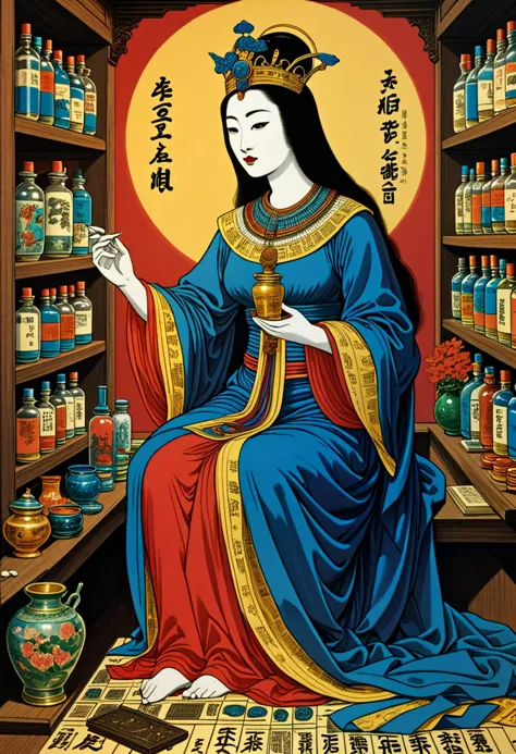 (horror painting by utagawa kuniyoshi) of a  queen from ancient egypt,  set in ancient egypt era, in  perfumery workshop, aromat...