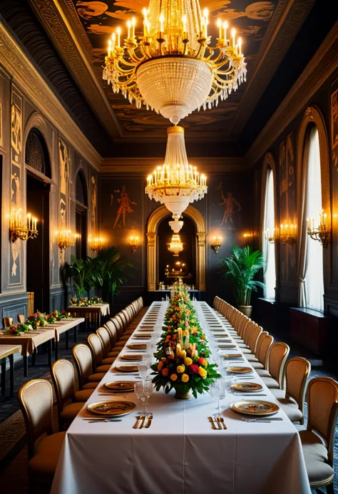 (art in the style of claude monet) of a  queen from ancient egypt,  set in ancient egypt era, in  Banquet Hall, Magnificent chamber with long dining tables set with golden cutlery, elaborate candelabras casting flickering light, plush cushions lining the walls, fragrant flower arrangements, and servants bustling about , at night, award winning, very aesthetic