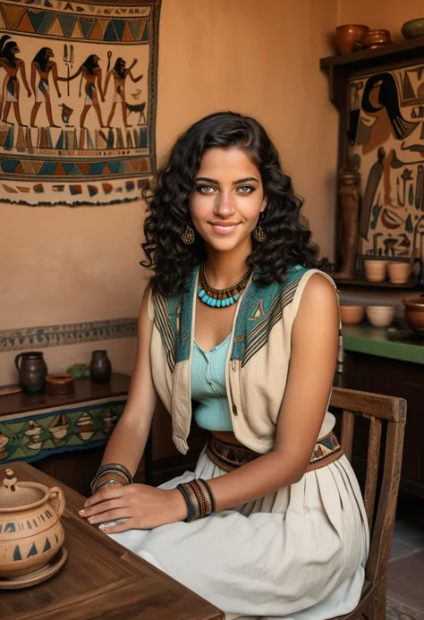 (medium full shot) of (esthetic queen from ancient egypt) young woman, medium build, black wavy hair hair, green eyes, tan skin,...