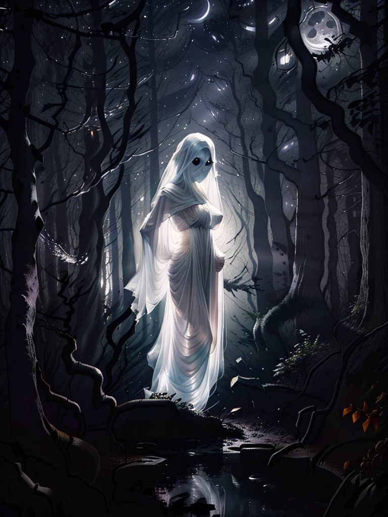 A woman in a ghost costume standing in a forest with a full moon - SeaArt AI