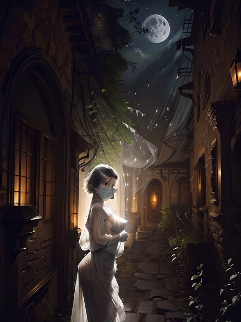 A woman in a white dress standing in a dark alley - SeaArt AI