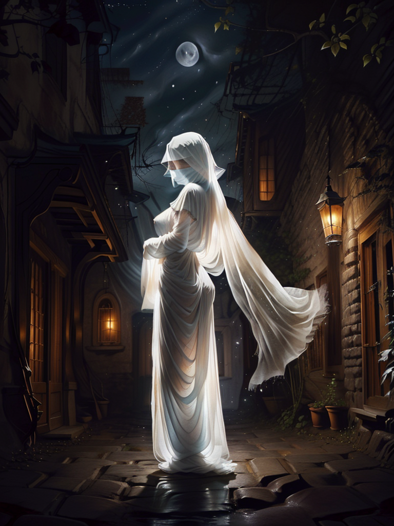 A woman in a white dress standing in a street at night - SeaArt AI