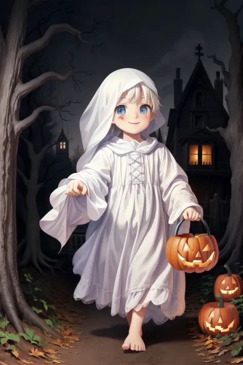 a close up of a child in a white dress holding a pumpkin