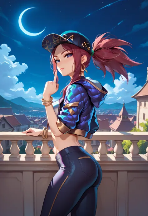 (zPDXL2), (score_9,score_8_up,score_7_up), (masterpiece,best quality), 1girl,k/da akali, black pants,  seductive,  one hand with middle finger, blush, arched back, balcony,  night, eclipse, glowing,  looking at viewer,from side, <lora:detailed_notrigger:1>, <lora:pony_good_hands:1>