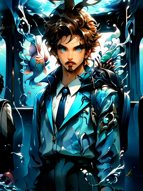 anime character with blue eyes and a suit on sitting in a train