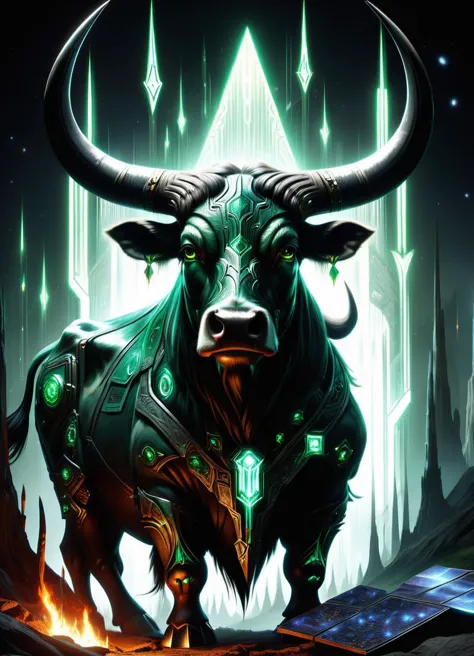 a bull with glowing horns standing in front of a mountain