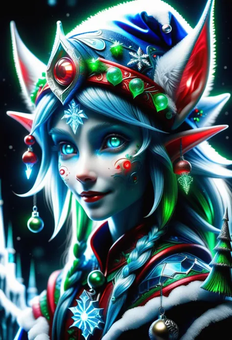 hyper detailed masterpiece, dynamic, awesome quality, blue azure midnight female  christmas elf, small humanoid creature, pointe...