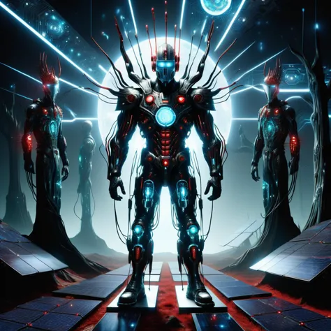 a group of robots standing in front of a futuristic light