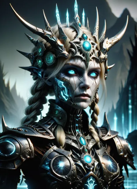 a woman with a horned head and blue eyes stands in front of a castle