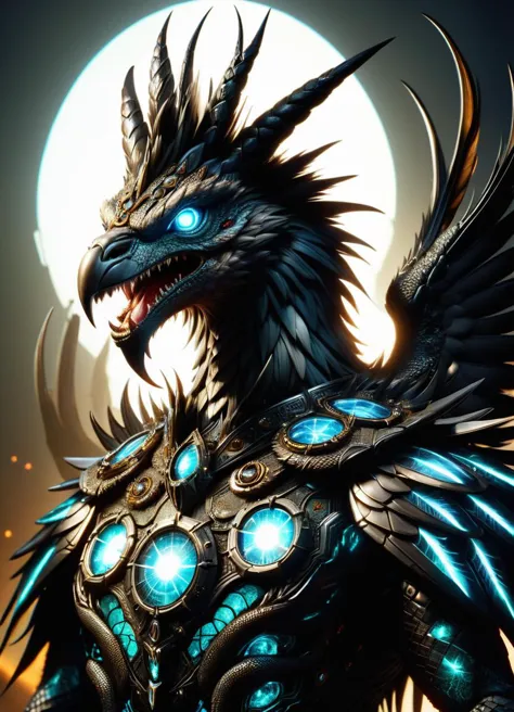 a dragon with glowing eyes and a glowing tail standing in front of a full moon