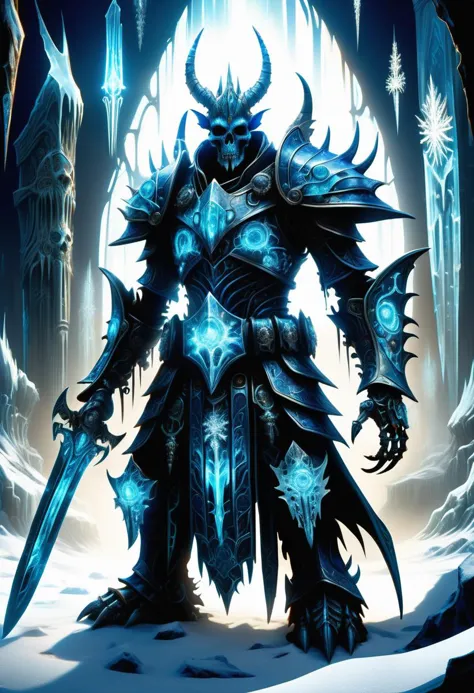 a dark knight with a sword and a large head of ice