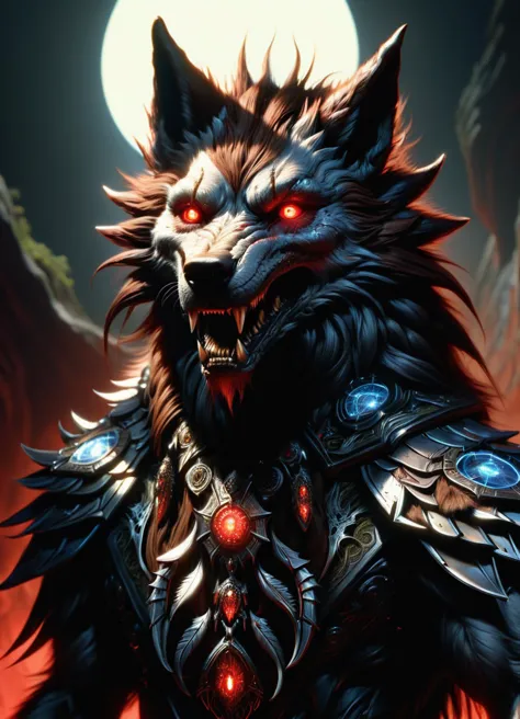 hyper detailed masterpiece, dynamic, awesome quality,DonMT3chW0rldXL female werewolf, wolfish humanoid, fantasy, glowing eyes, furry fur,enlarged fangs, claws, powerful, cursed, afflicted, elderly, stacked, native hawaiian, brown eyes,  deviated septum nose, protruding chin,   straight forehead,    tear ducts, red waterfall braid hair, surprise, incantation pose, hands near mouth, casting powerful spells,     witch, shadow manipulation (creating and controlling shadows) , kneeling with arms outstretched, calling upon higher forces, ethereal light, tech, scifi, <lora:DonMT3chW0rldXL-000009:1>,