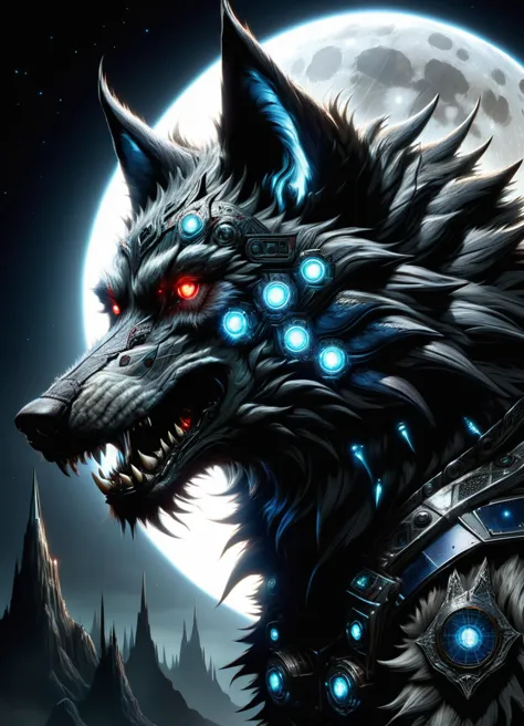 a close up of a wolf with glowing eyes and a full moon