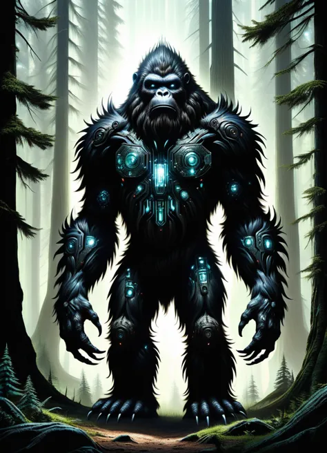 a gorilla in the woods with glowing eyes and a glowing face