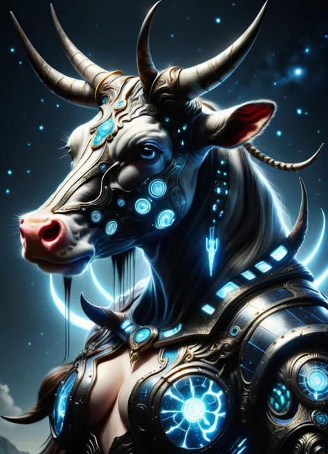 a close up of a cow with horns and a glowing face