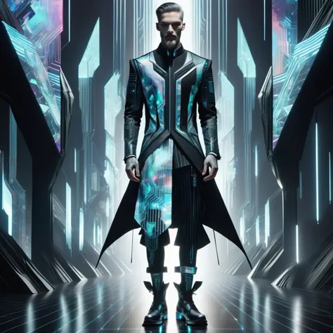 a man in a futuristic suit standing in a futuristic room