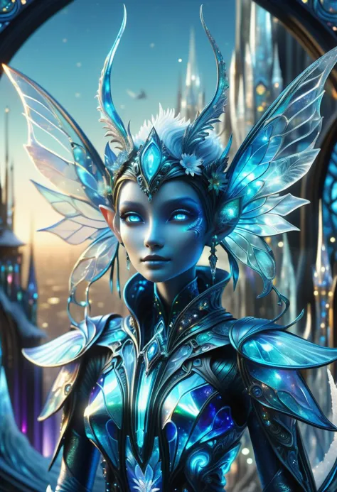 hyper detailed masterpiece, dynamic, awesome quality, blue azure midnight pixie, tiny humanoid creature, delicate ethereal appea...